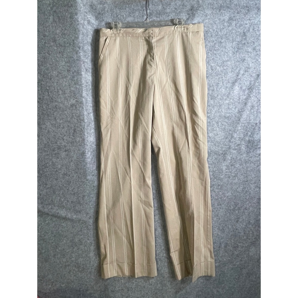 Womens Tan Striped Straight Leg Trousers Cuffed Hem Dress Pants Beige